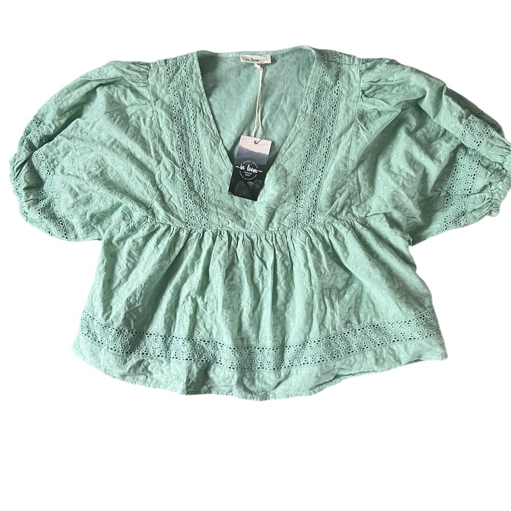 In Bloom Mint Eyelet Vintage Wash Blouse | L